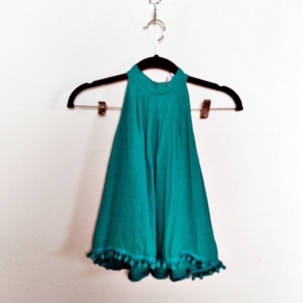 Lovers & Friends Green Sleeveless Blouse with Pom Pom Trim Size XS